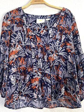 Maeve Cathy Tunic Top Womens Size S Blue Pleated Flowy Jungle Print Boho Peasant